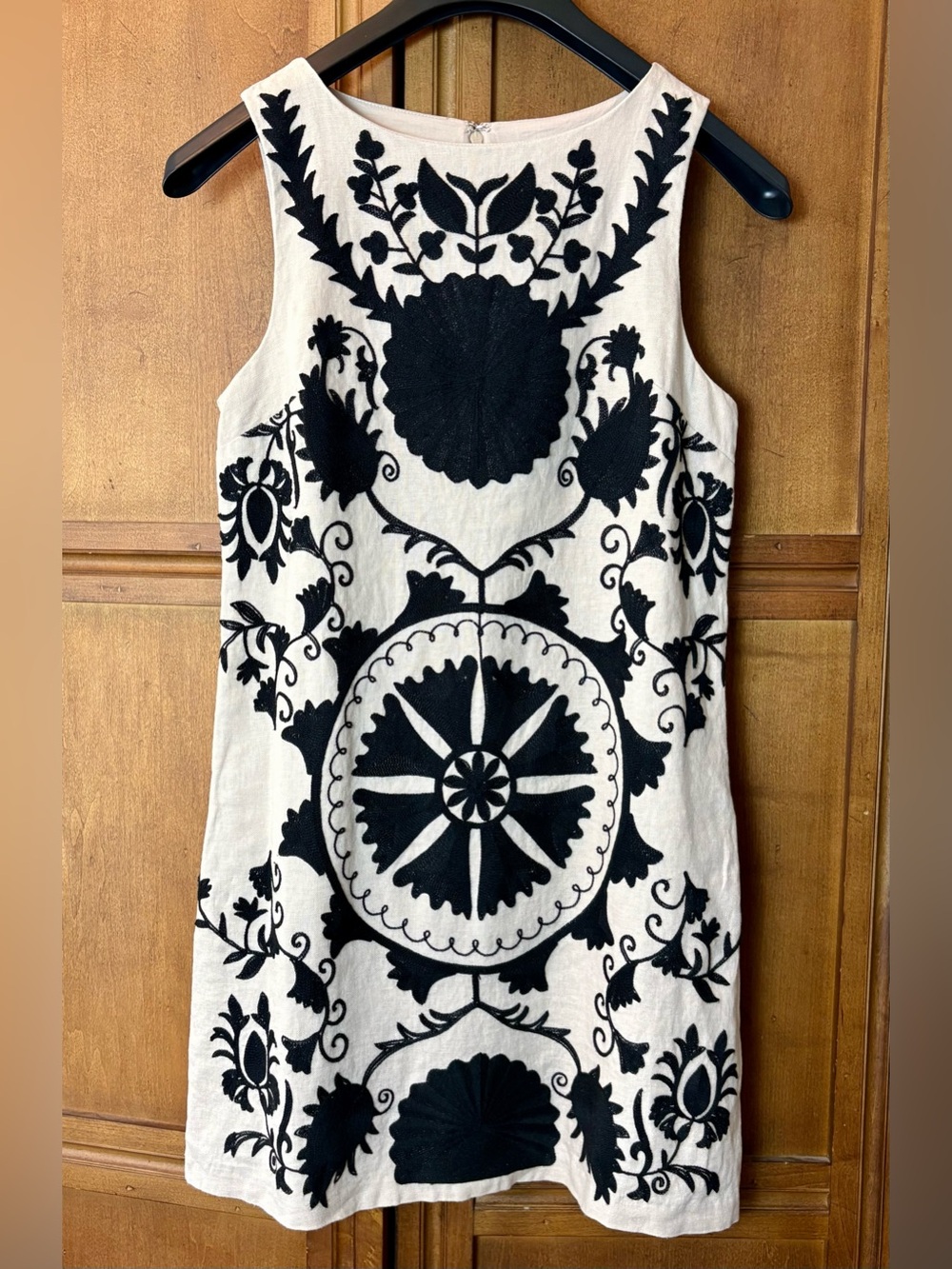 Le' AL.X Linen Blend Embroidered Shift Dress Black Cream Mini XS